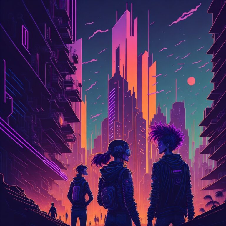 Cyber Punk Urban City in neon lights with Cyber Punks looking into the Sunset